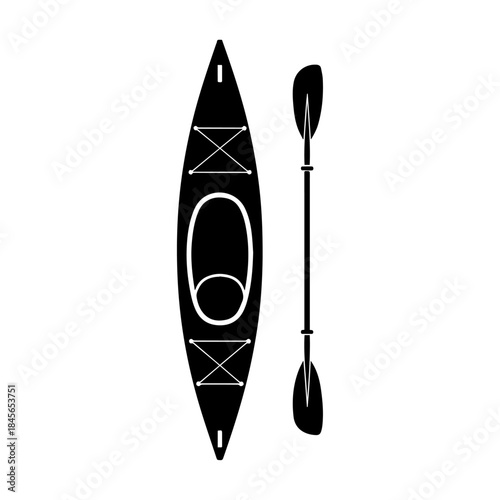 Black and white illustration of a kayak and paddle.