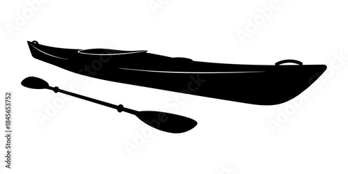 Black Silhouette of a Kayak and Paddle Isolated on White Background.