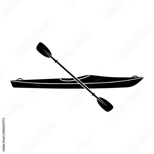 Black silhouette of a kayak with a paddle on a white background.