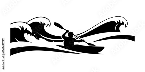 Dynamic Kayaker Riding Waves Vector Illustration.
