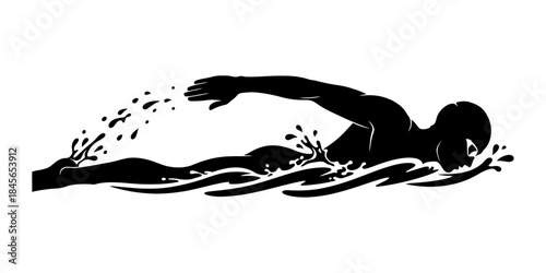 Dynamic Silhouette of Swimmer in Water with Splashes.