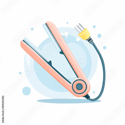 Hair Straightener and power cord: An illustrated hair straightener, with the power cord attached, showcases sleek design, promising effective styling, perfect for creating smooth, straightened hair. 