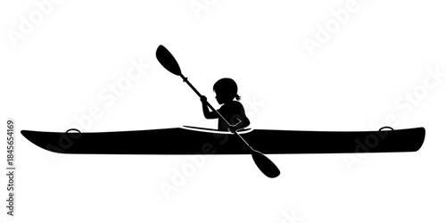 Silhouette of a person kayaking, paddling on water, outdoor activity.