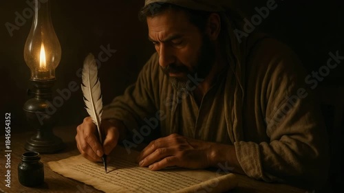 A historical scribe writing on parchment with a quill pen. An ancient scholar working by the warm light of an oil lamp. Biblical or medieval author concept