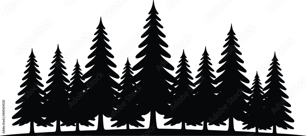 Obraz premium Pine Forest Silhouette Vector Illustration Isolated on White Background