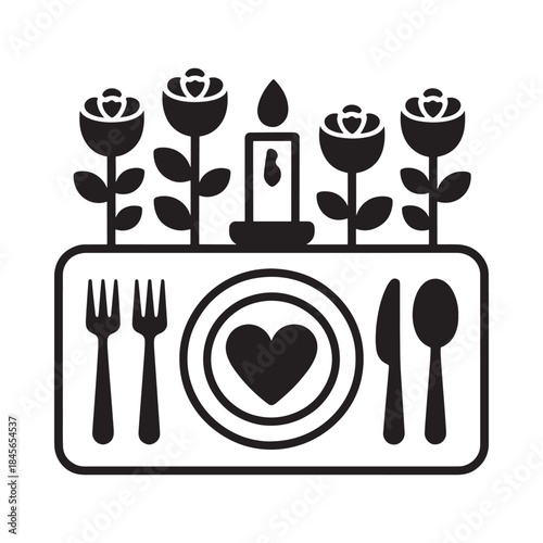 Romantic dinner setting with roses candle and heart shaped plate illustration