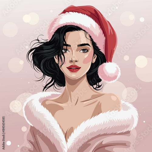 Stylish vector portrait of a glamorous woman in a Santa hat on soft pink bokeh background, perfect for Christmas and New Year greeting cards, posters, social media ads, beauty branding and cards.