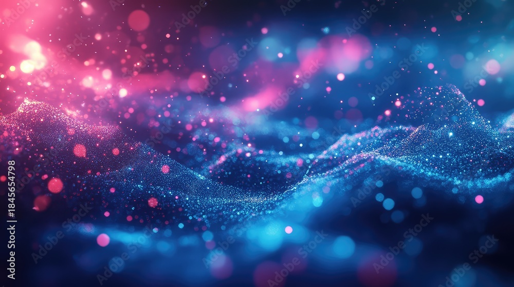 Obraz premium Digital particles forming flowing abstract waves creating a dynamic and immersive cyberpunk background with vibrant blue and pink bokeh effects, illustrating technology and data concepts