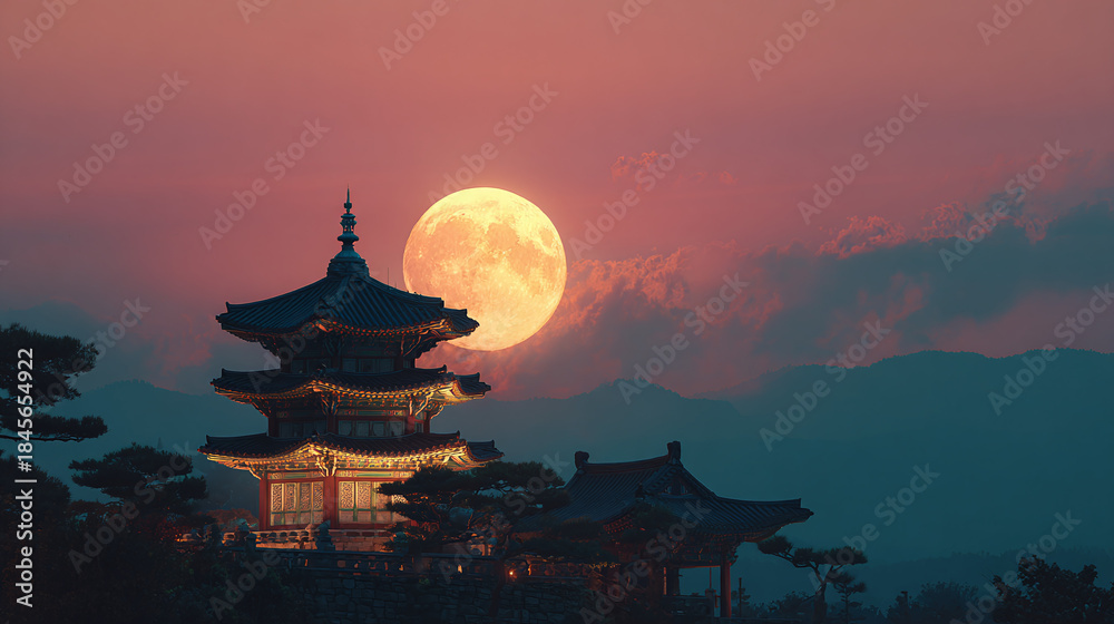 Obraz premium A scenic view of a temple at sunset with a large moon in the background, a beautiful landscape