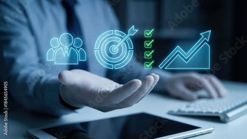 Detailed closeup of business professional presenting digital icons representing HR analytics, workforce optimization, and team collaboration, conveying sense of innovation and efficiency