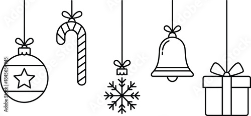 Hanging christmas ornaments including a bauble candy cane snowflake bell and gift