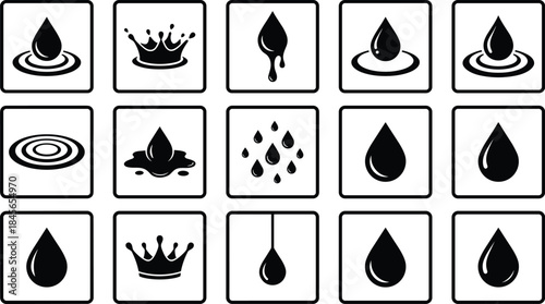 Water droplet icon set, splash silhouette grid, editable, isolated, black vector symbols, ripple effect, liquid design elements