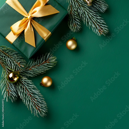 green Christmas gift box with golden ribbon near fir branches and ornaments on green background