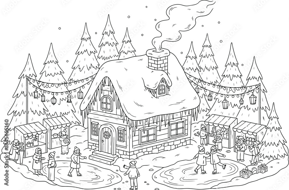 Obraz premium Winter village scene with ice skating and market stalls in a snowy landscape