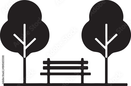 A simple park scene featuring two trees and a wooden bench