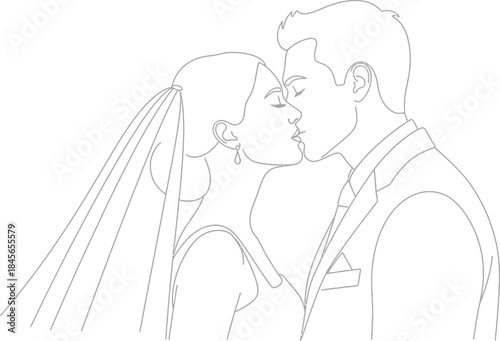 Minimalist line art of a bride and groom sharing a kiss on their wedding day