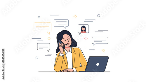 Young asian female customer support representative on call with laptop