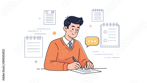 Young caucasian male writing in notebook at desk with scheduling icons