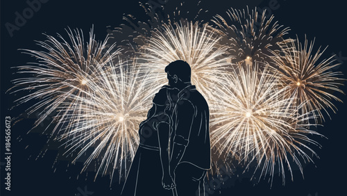 Silhouetted couple watching fireworks display in the night sky celebration moment