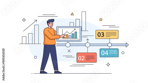 Young male presenting business growth data on interactive timeline chart
