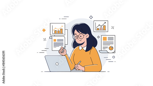 Asian female analyst working on laptop with graph data and charts