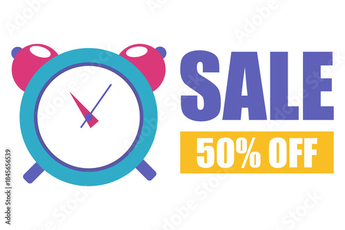 Sale 50 percent banner. Alarm clock Vector emblem. Discount promotion illustration. Limited time offer.