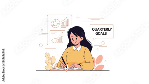 Young asian female analyzing business reports and setting quarterly goals