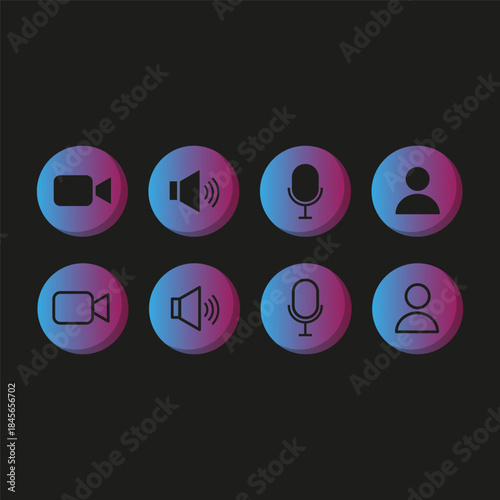 Audio icon set. Microphone sound symbol. Video call sign. Black background.