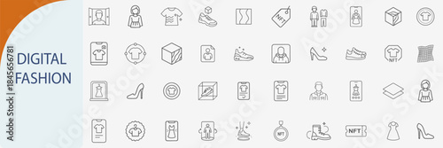 digital fashion virtual clothing minimal line vector icon set