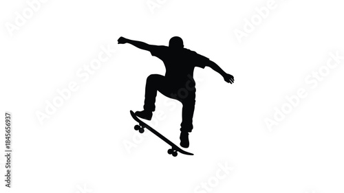 Skateboarder in mid air performing a trick on transparent background silhouette