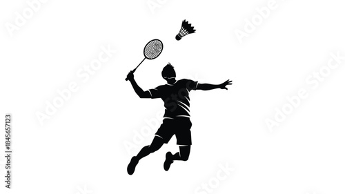 Badminton player in action racket and shuttlecock dynamic pose on transparent background silhouette