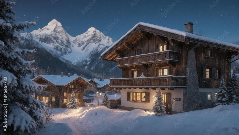 Fototapeta premium Winter Chalet Retreat - Cozy Cabin in Snowy Mountain Landscape.