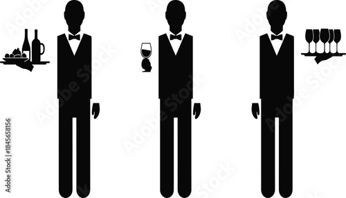Black Silhouette Vector Set of Professional Waiters Serving Wine, Drinks, and Food on Trays, Representing Hospitality, Catering, Restaurant Service, and Event Staff Concepts.