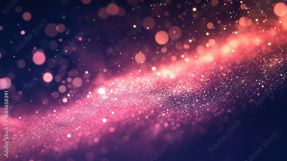 Obraz premium Dynamic stream of shimmering pink and red particles and bokeh lights on a dark background, evoking festive, magical energy for modern digital designs, events, and celebrations