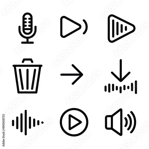 Voice Message Icon Set, line art icons for voice message controls, microphone, play, pause, delete functions, user interface and messaging vector design.