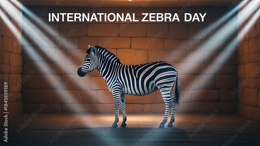 Naklejka premium Zebra standing on stage with spotlight and brick wall background for International Zebra Day