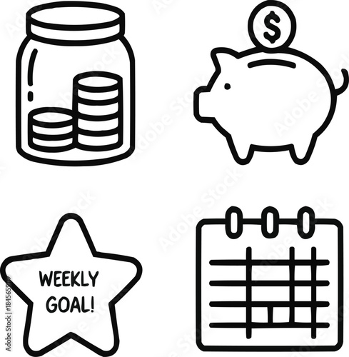 Budgeting for Kids Line Icon Set  Savings, Allowance, and Reward Tracking