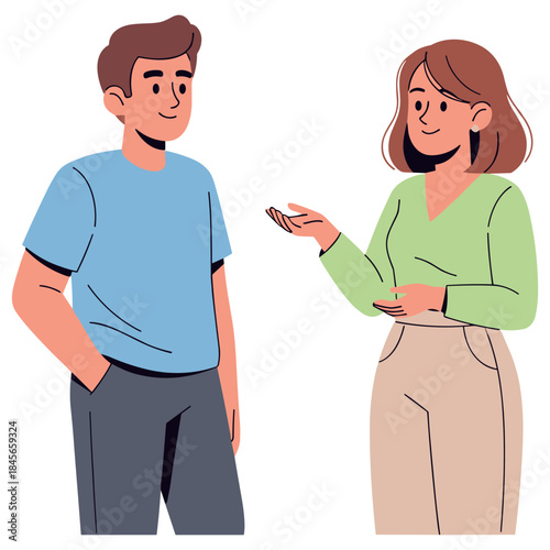 Young cartoon adults engaged in conversation: diverse male and female interaction