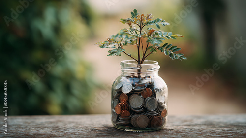Plant in a clear jar filled with coins Saving income Returns from investing money from stocks or funds