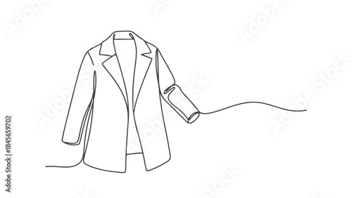 A minimalist, single-line drawing of a white lab coat with a flowing line extending from the sleeve.