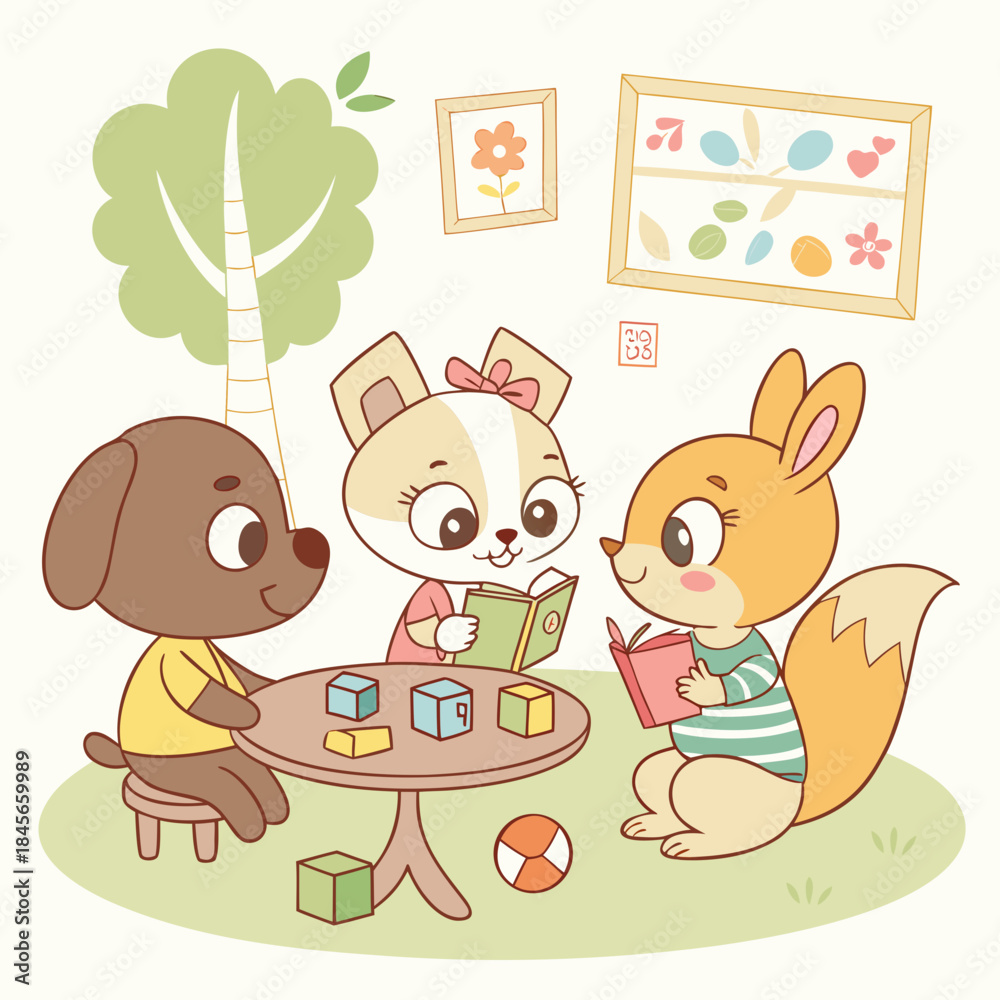 Obraz premium Cartoon animals reading and playing with blocks cute cartoon animals