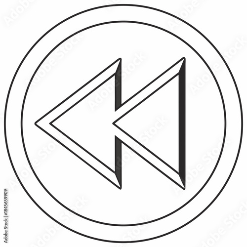 Black outlined double triangle backward button in circle