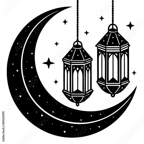 Black line crescent moon with hanging lanterns and stars