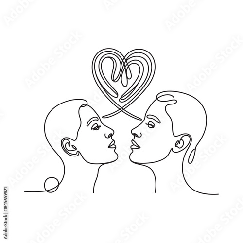 Couple facing each other with a heart shape formed by a continuous line