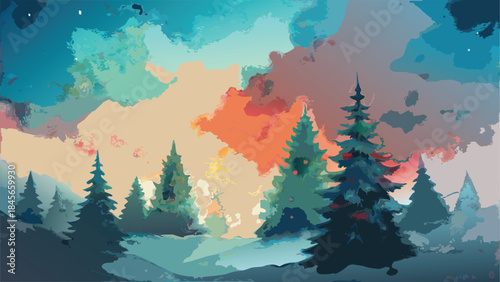 Winter mountain landscape with a snow-covered pine forest and sky for a Christmas holiday card design