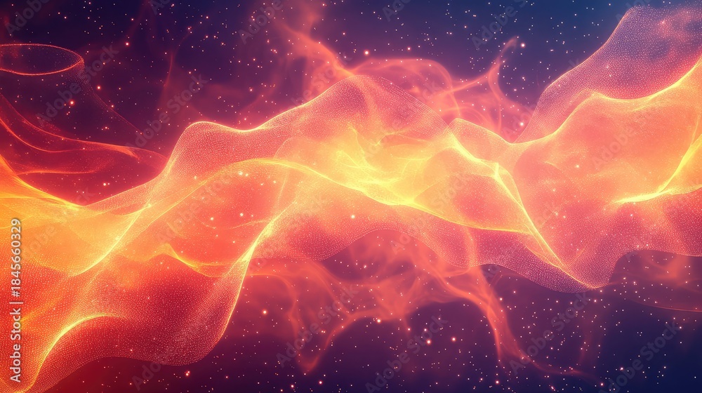 Obraz premium Abstract particle wave forming a vibrant glowing mesh pattern, representing data flow, energy transfer, or a dynamic technological background with sparkling elements