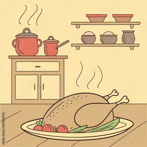 Roasted chicken on a plate with vegetables in a kitchen