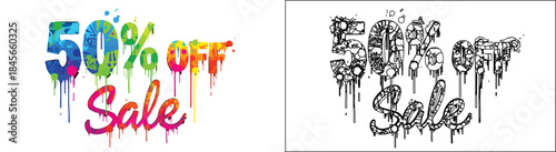 Set of '50% OFF Sale' Vector Graphics with Colorful Graffiti Drip and Hand-Drawn Grunge Styles