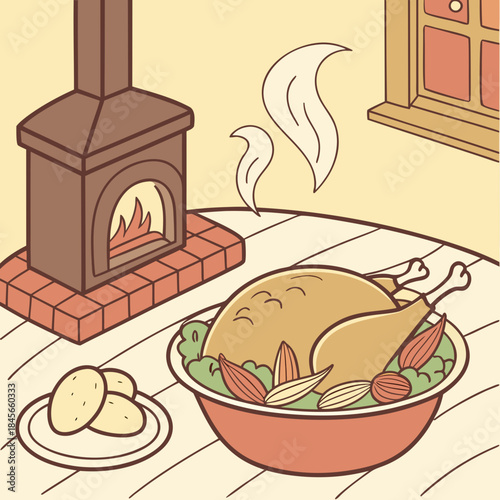 Roasted chicken with vegetables on table by fireplace