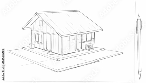 Architectural drawing of a solitary asymmetric tiny house with rough recycled concrete texture